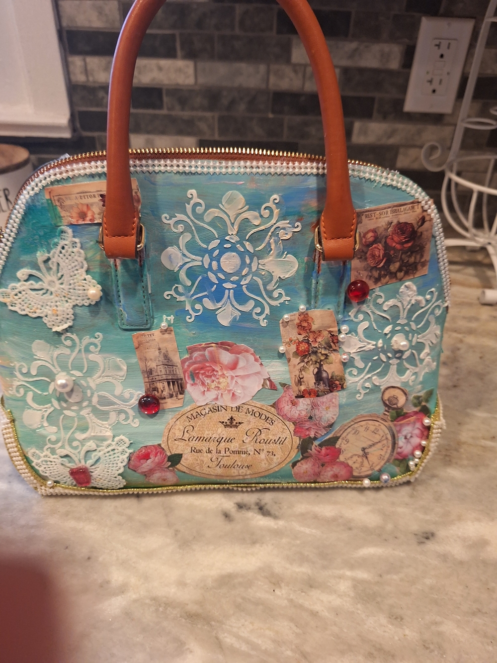Turquoise Floral Collage Satchel with Tan Handles